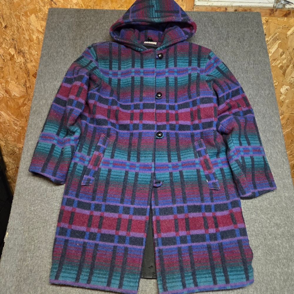 Vintage L.L. Bean Aztec Hooded Wool Coat Womens Medium Multicolor Plaid USA Made
